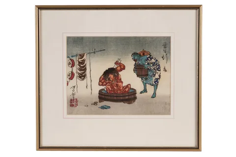 Yoshitoshi Tsukioka, The Thunder God Raijin Bathing, woodblock print