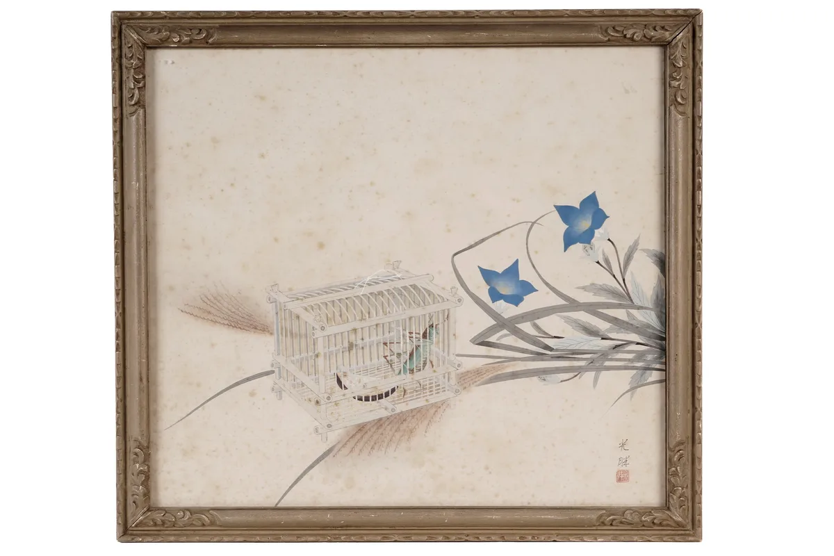 Mitsukawa Kohan, Cricket in a Bamboo Cage, watercolour