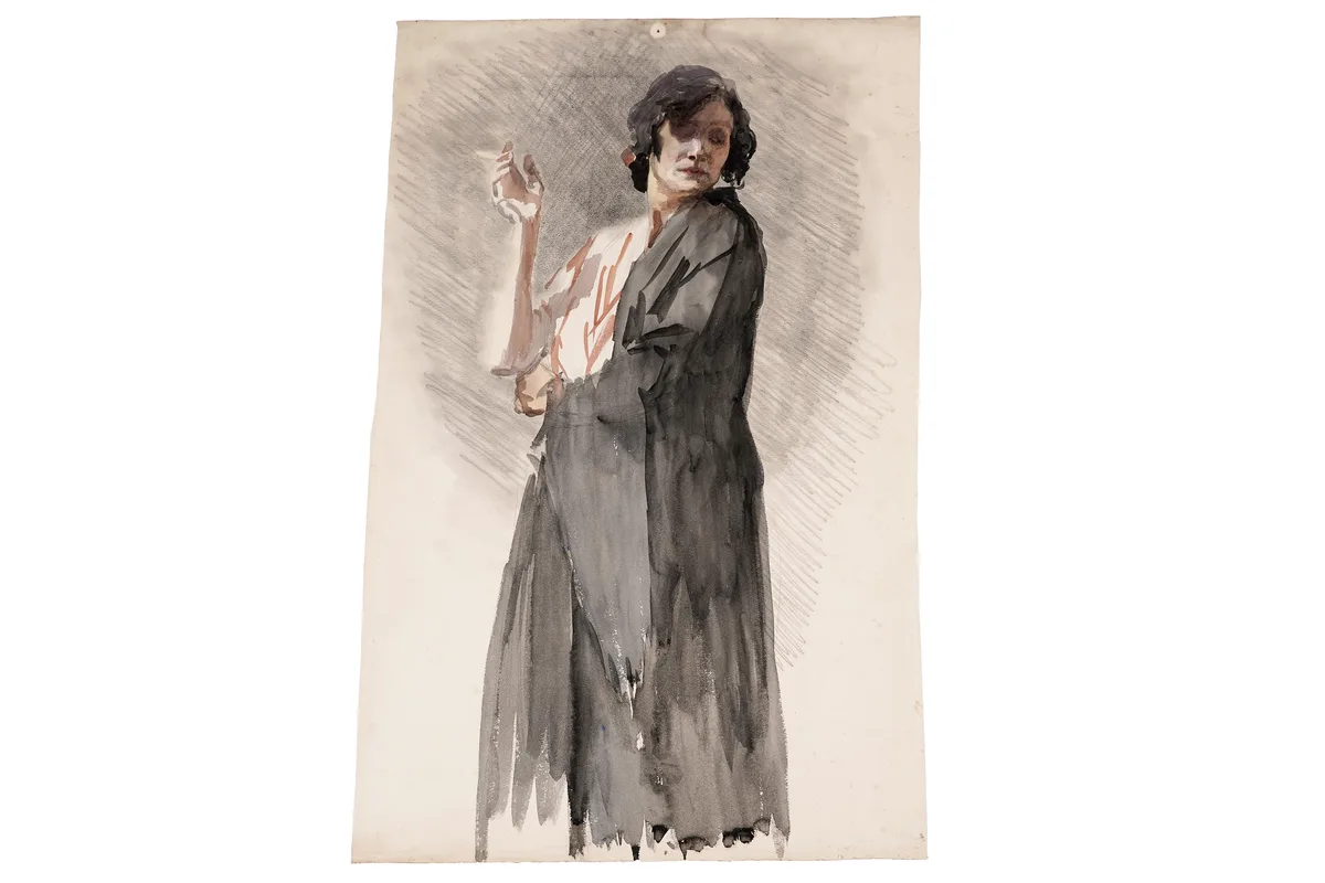 Isabel Codrington, A woman smoking a cigarette, watercolour study