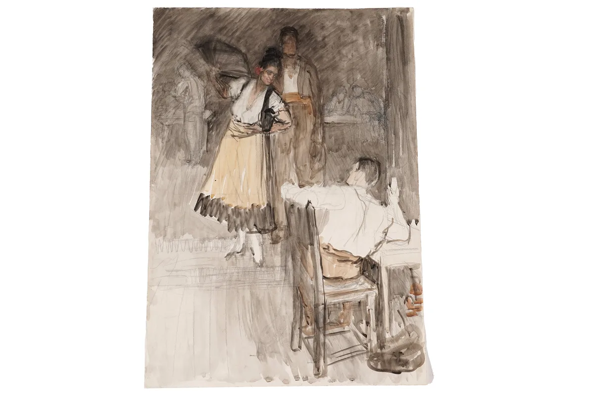 The performance by Isabel Codrington, watercolour and pencil study, sold Mar 2025
