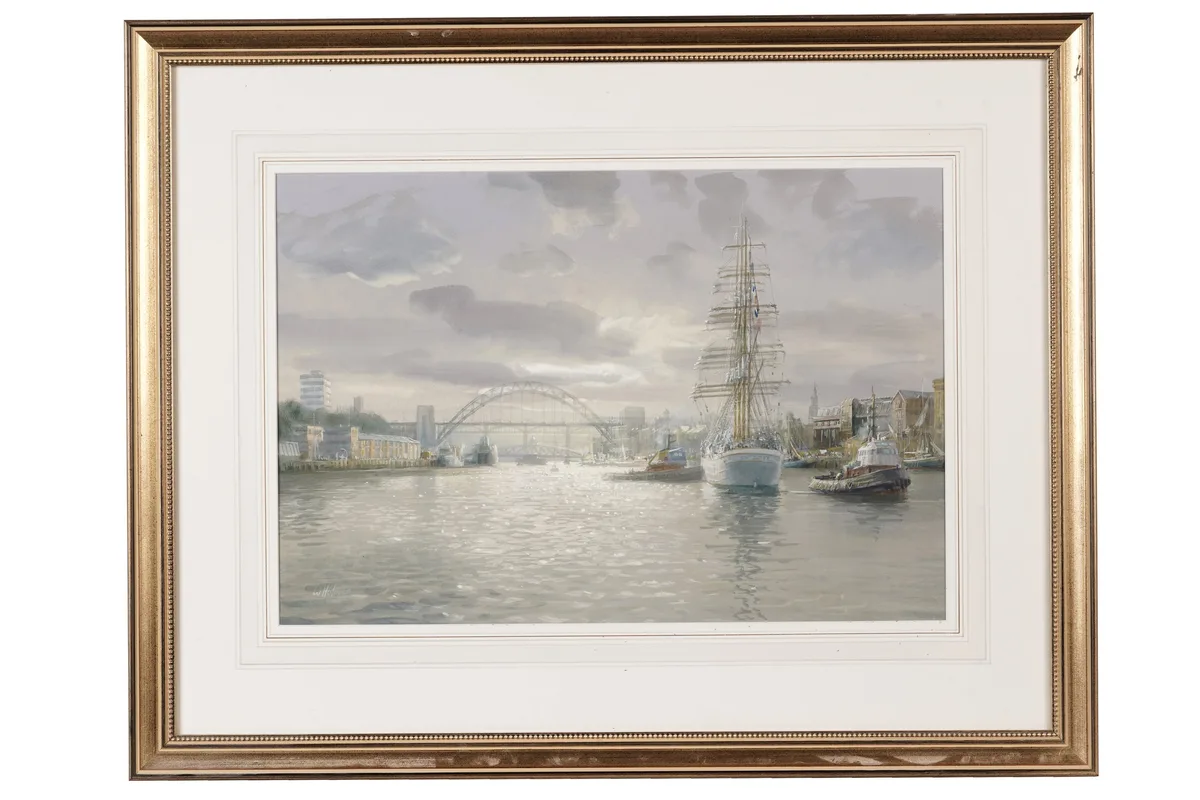 Walter Holmes, View down the River Tyne, watercolour