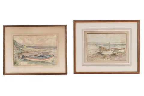 John William Gilroy, Fishing Boats at Runswick Bay, and Fishing Boats at Shore, watercolour