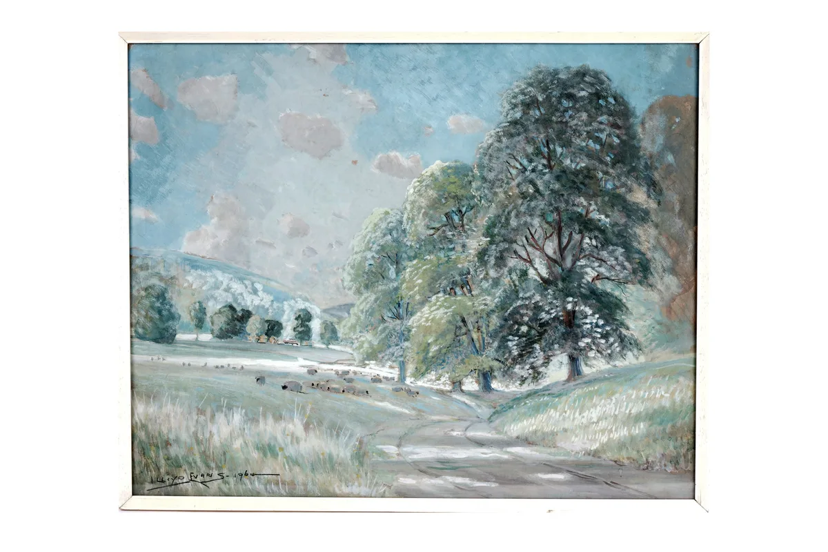 Ivor Lloyd-Evans, Sheep Grazing in a Summer Idyl, gouache on paper