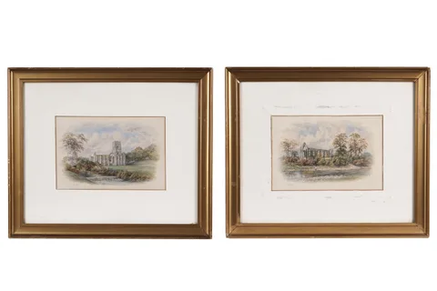 George Fall, Two views of Fountains Abbey, watercolour