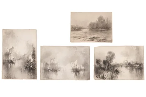 Frank Wasley, Venetian and other views, charcoal on paper