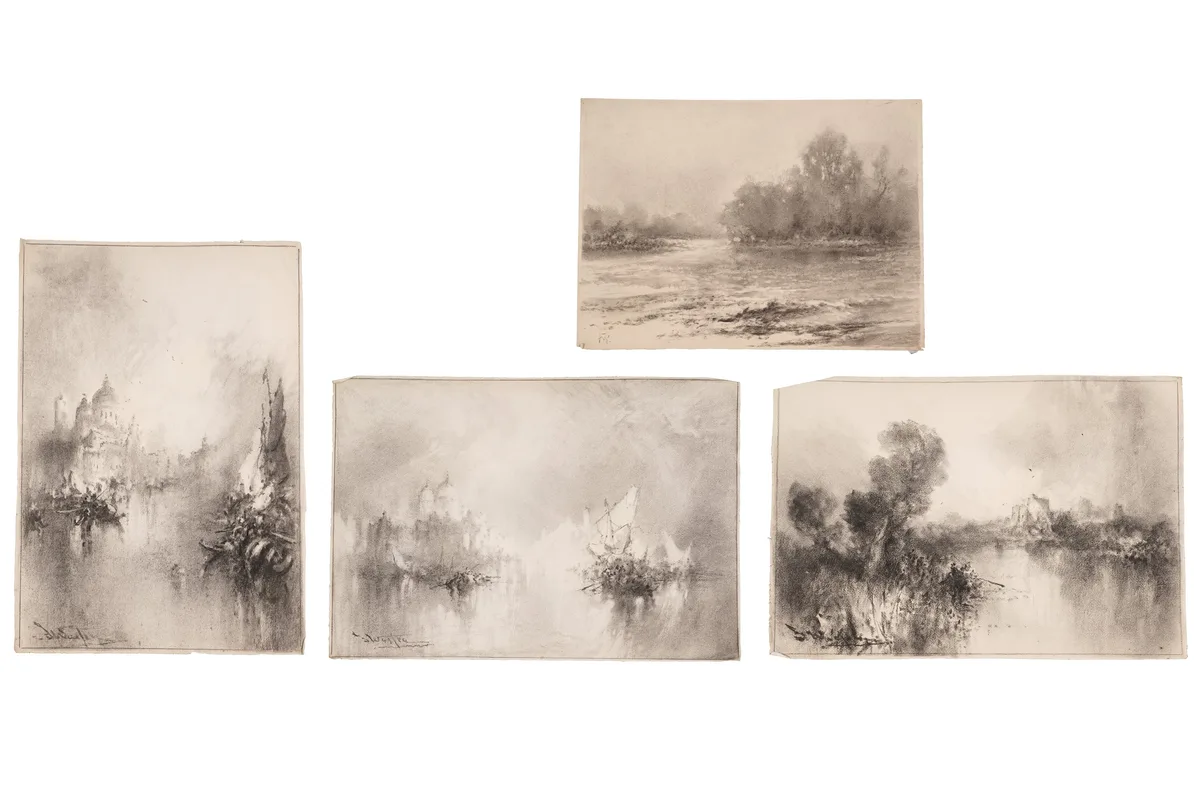 Frank Wasley, Venetian and other views, charcoal on paper