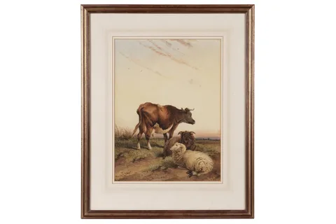 Frederick E. Valter, Cow and sheep at sunset, watercolour