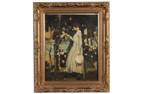 20th Century British School, A girl picking flowers in a white dress, oil on canvas