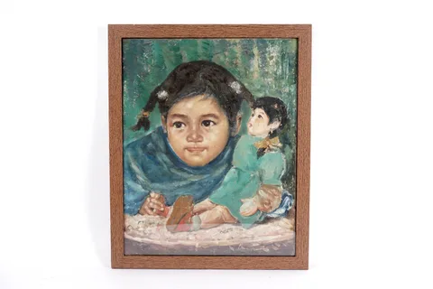 Girl with Doll by Zhiwei Tu, oil on canvas, sold Mar 2025