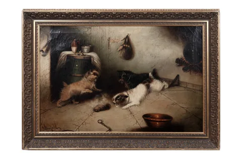 George Armfield, Three Terriers in a Farmhouse, oil on canvas