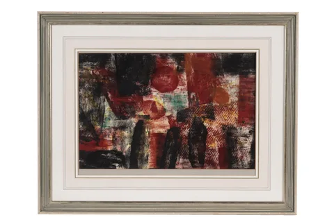 Abstract in Red by Dennis Hawkins, oil on paper, sold Oct 2024