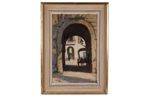 John Gilroy, Archway with Donkey and Cart, oil on board