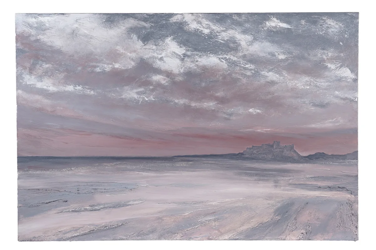 Mick Oxley, Bamburgh Castle Sunset, acrylic on box canvas