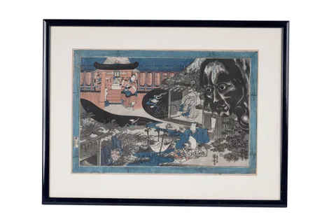 Kuniyoshi Utagawa, Yakezawa Toji twirling tops and spinning Oiwa Inari, woodblock print