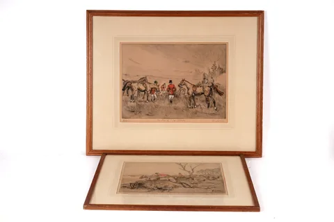 Tom Carr, two hunting prints, hand tinted etching