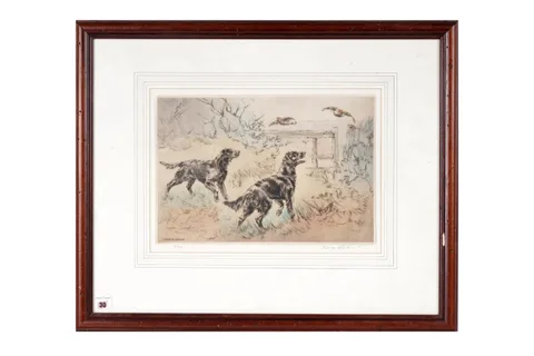 Henry Wilkinson, Two black gun dogs and partridges, hand-tinted etching