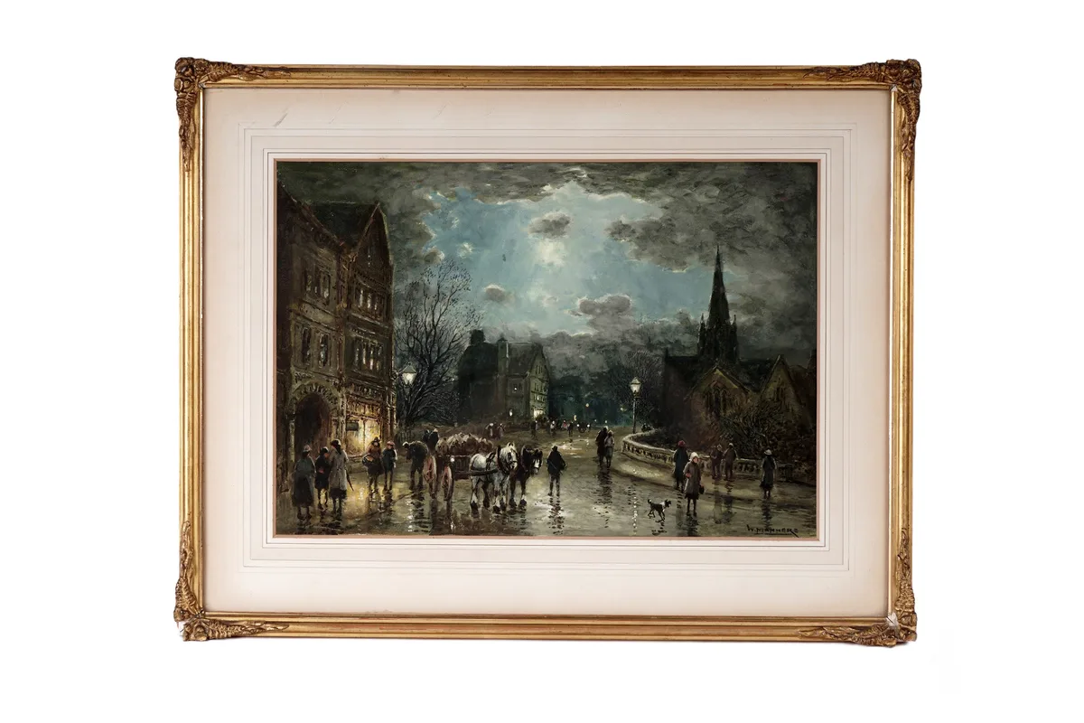 William Manners, A Moonlight Street Scene, Near Lancaster, watercolour