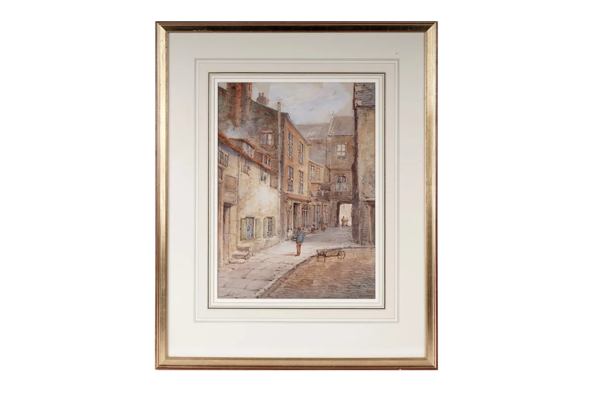 E. Nevil, Hexham, A view down Old Church Chare, watercolour