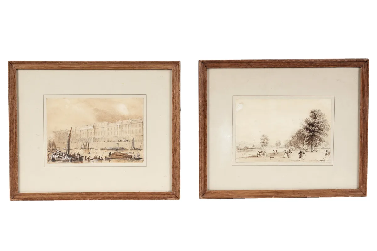 Robert Garland, Two illustrations of London for "Wood's Views in London" (1837), watercolour and ink on paper