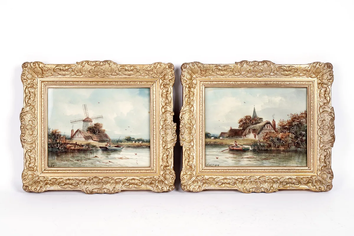 F. C. Hines, River with a Boat, and Church and House, watercolour