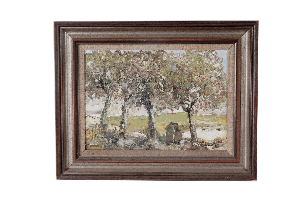 Pam Abrams, Orchard Gossip, oil on board
