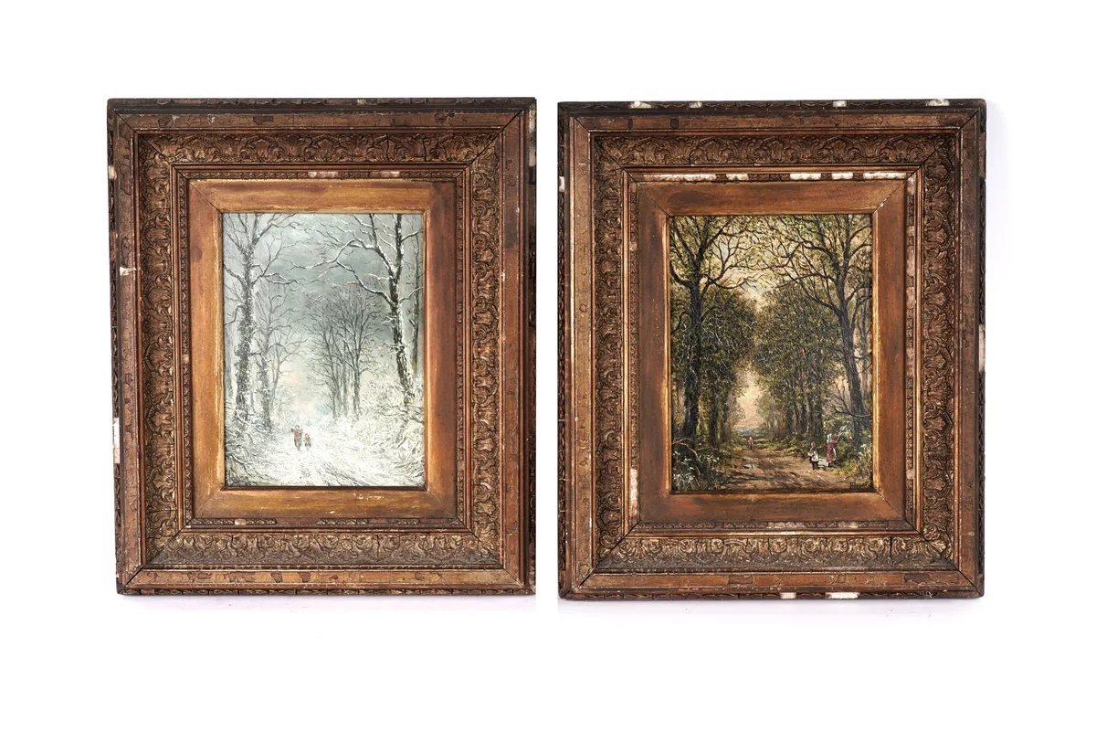E. Hodgson, Summer and Winter; a pair of seasonal landscape views, oil on board