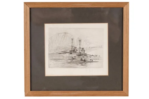 William Walcot, WWI Warship and a Submarine on the Firth of Forth, etching