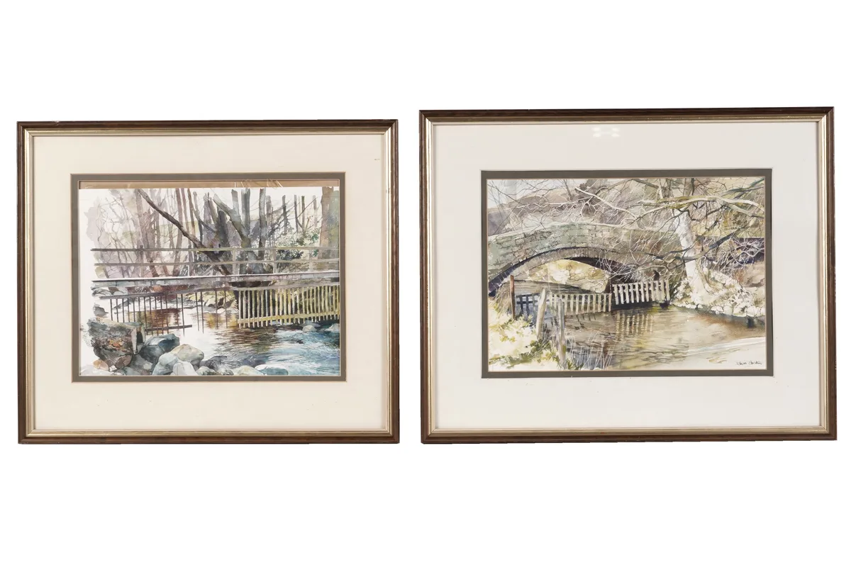 Edwin Straker, Cattle Bridge Dalemain, Ullswater, and Footbridge Below Aira Force, watercolour