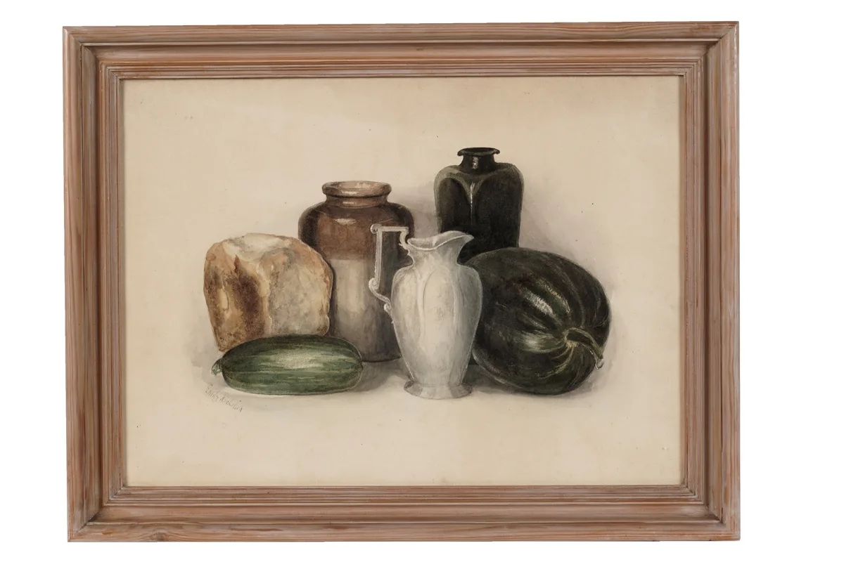 Emily Nicholson, Still Life with Fruit and Kitchenalia, watercolour