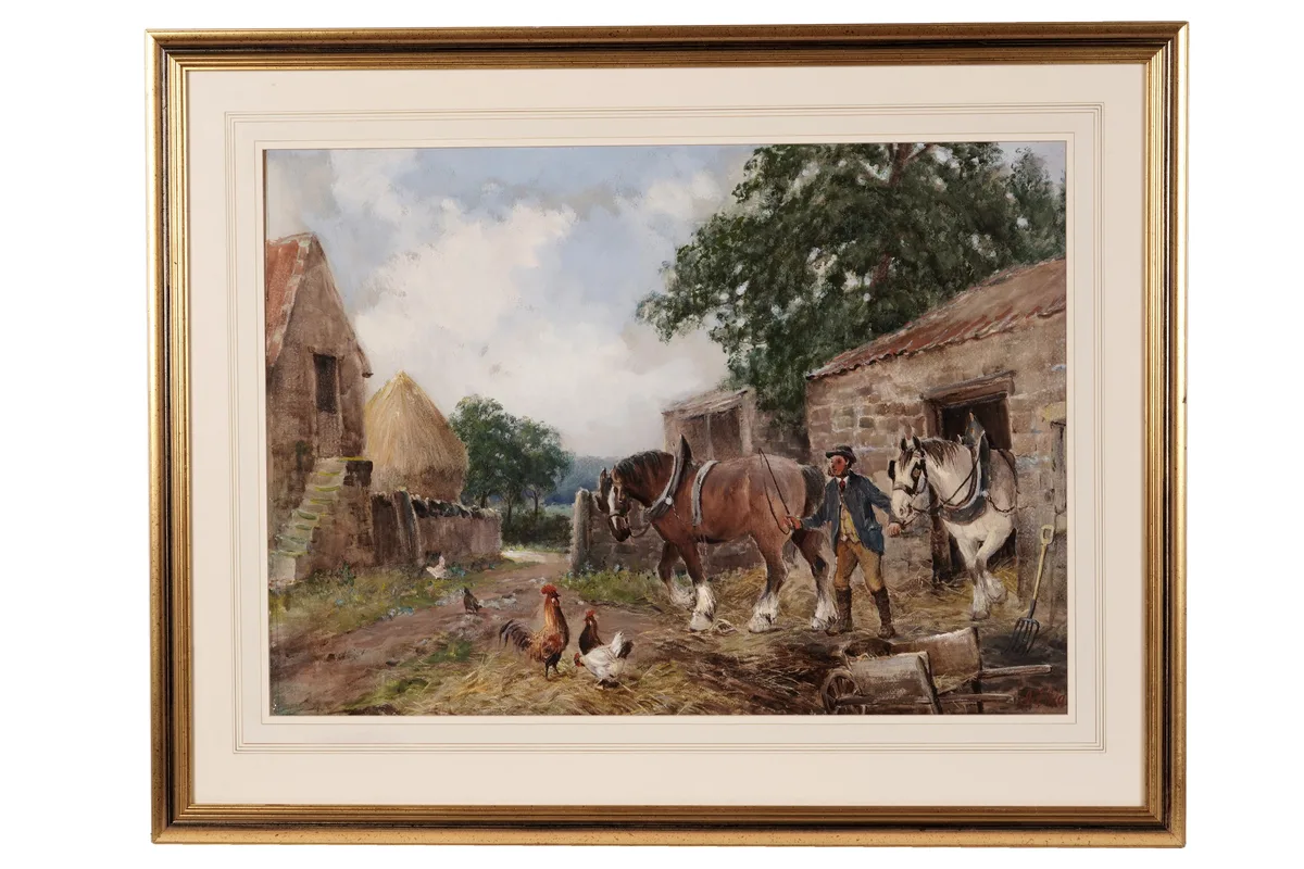 John Falconer Slater, Farmyard Stables with Shire horses and Chickens, gouache