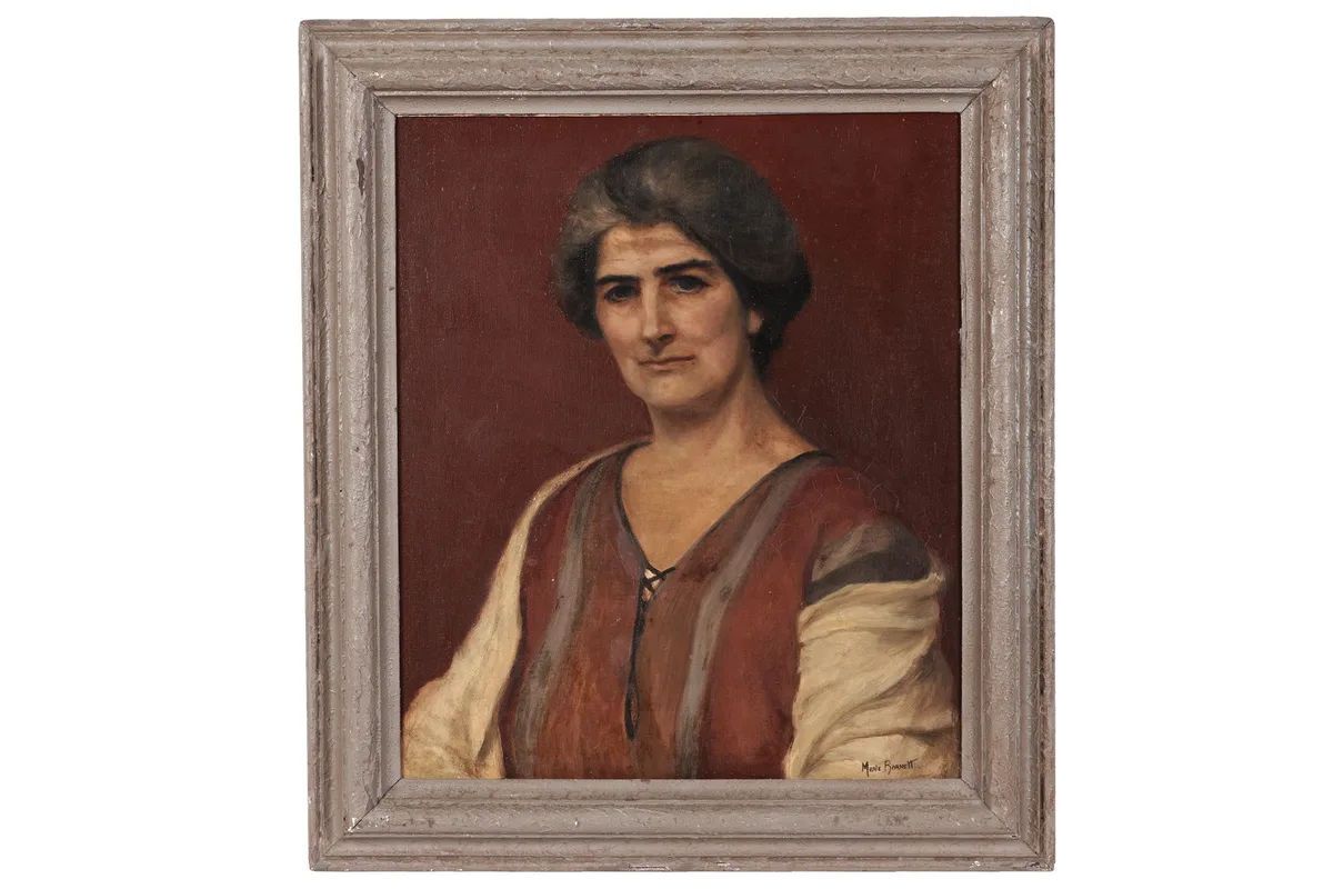 Merle Barnett, Portrait", lady in a smock dress, oil on canvas