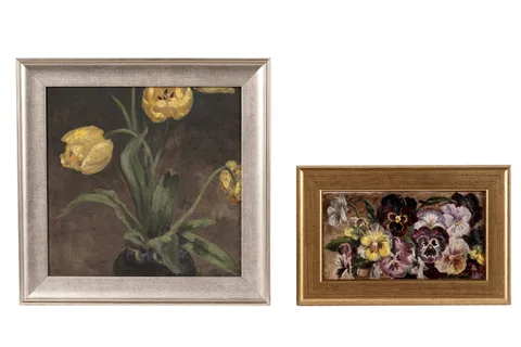 Joseph Dixon Clark, Tulips and Pansies, oil on board
