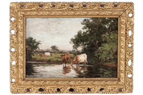 Joseph Dixon Clark, Cows Quenching Their Thirst, oil on board