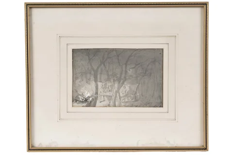 Henry Bright, A Nighttime Picnic in the Woods, en grisaille watercolour sketch