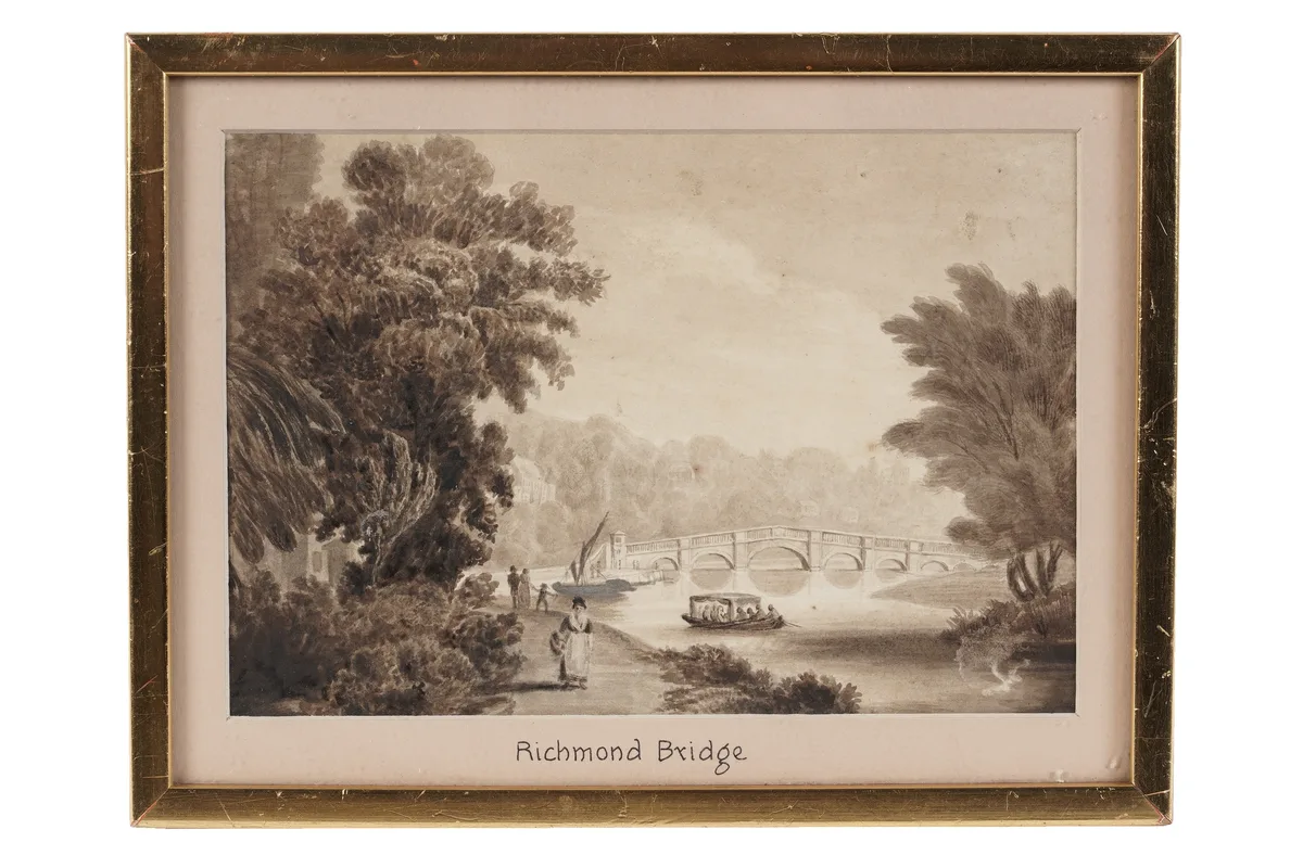 Early 19th British School, Richmond Bridge, en grisaille watercolour