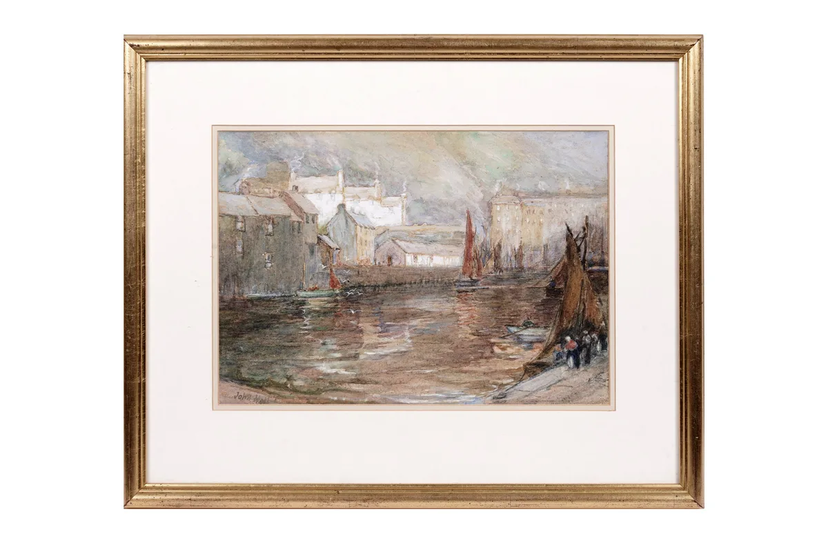 John Hall, Shimmering Waters and Sailboats at Port, watercolour