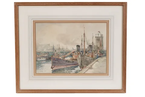 John William Gilroy, Boats in North Shields Harbour, watercolour
