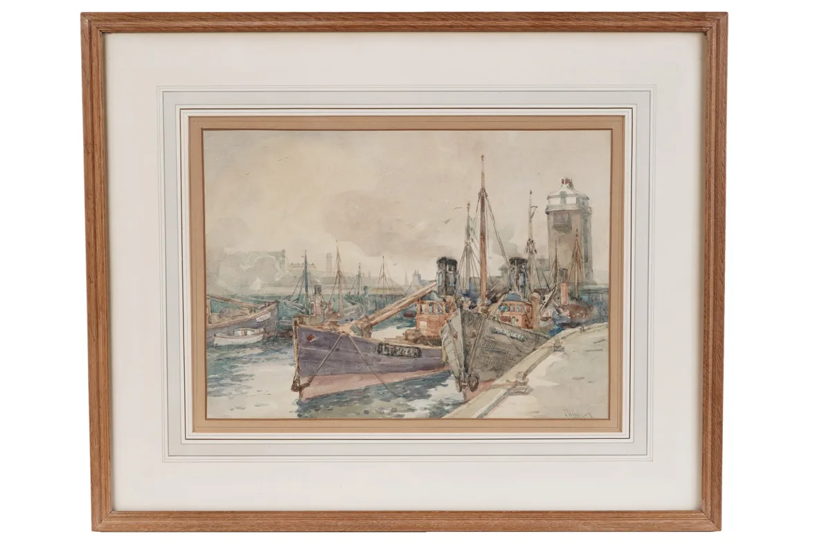 John William Gilroy, Boats in North Shields Harbour, watercolour