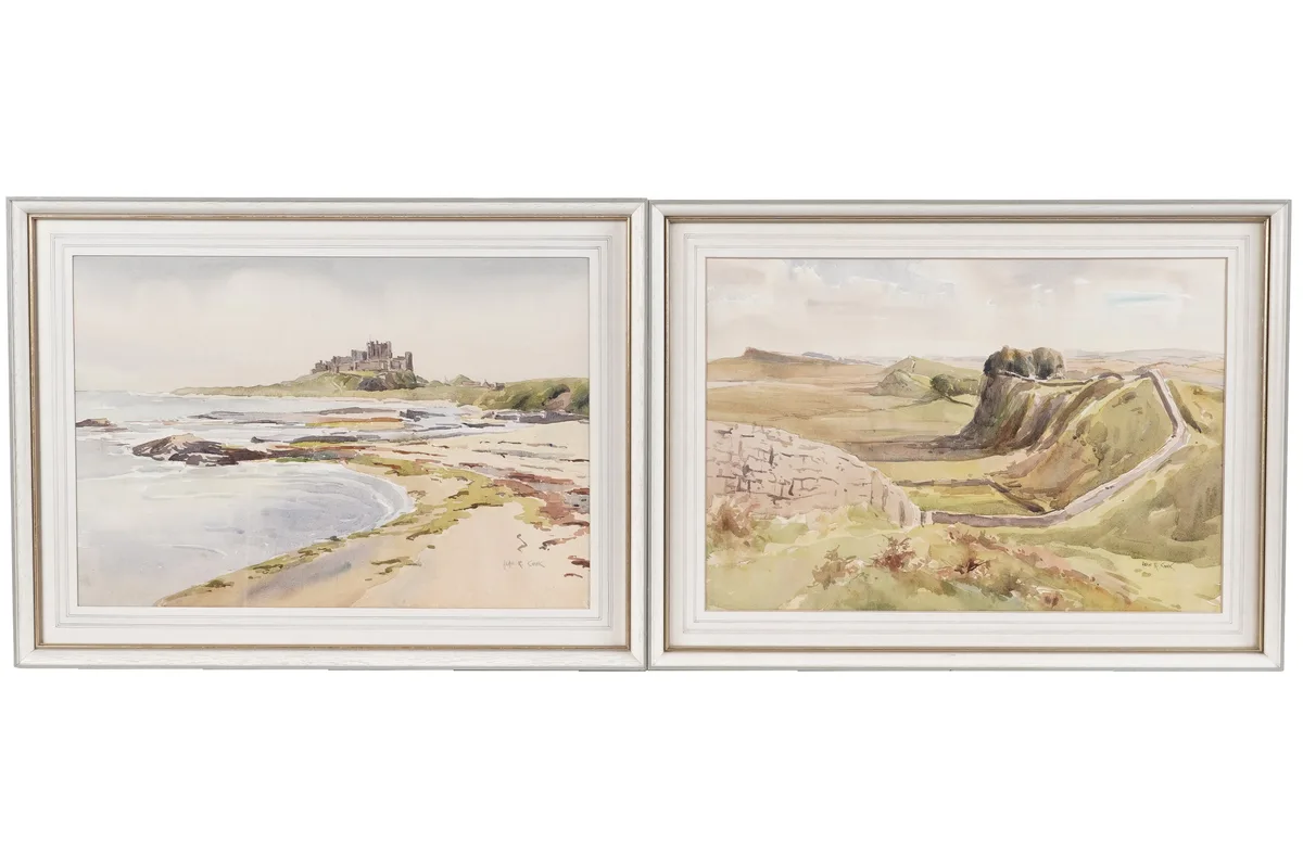 Alan R. Cook, Hadrian's Wall, and Bamburgh Castle, watercolours