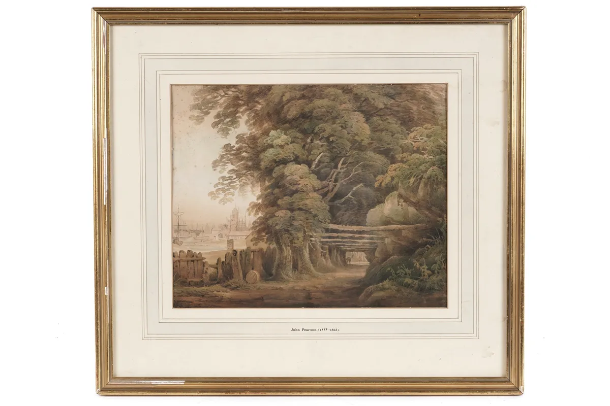 John Pearson, Landscape with Avenue of Trees & Seaport, watercolour
