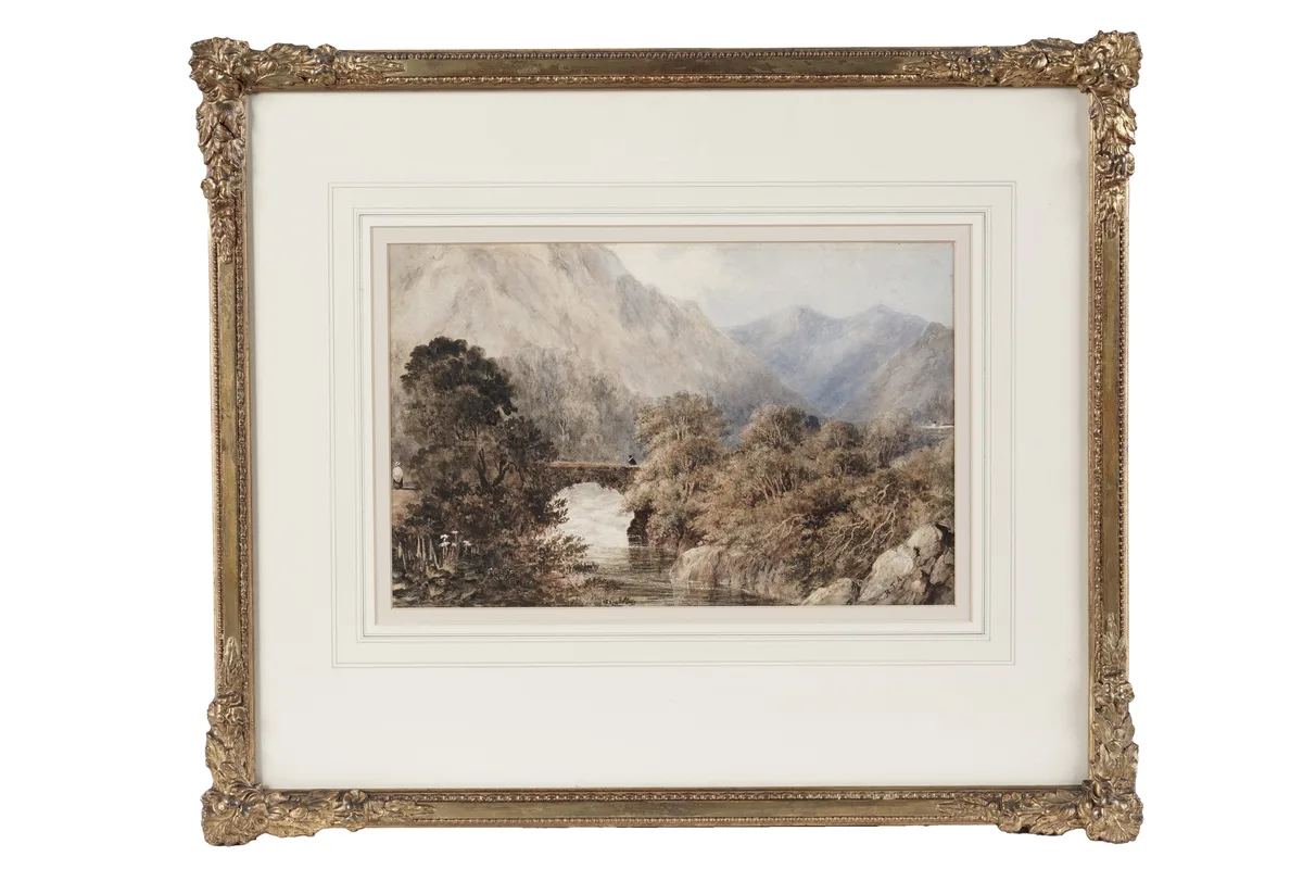 Robert John Abraham, Lakeland Landscape with Bridge over a Cascading Torrent, watercolour