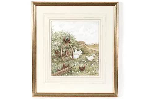 Chris Sparrow, Ducks and Chickens Gathered by a Cartwheel, watercolour