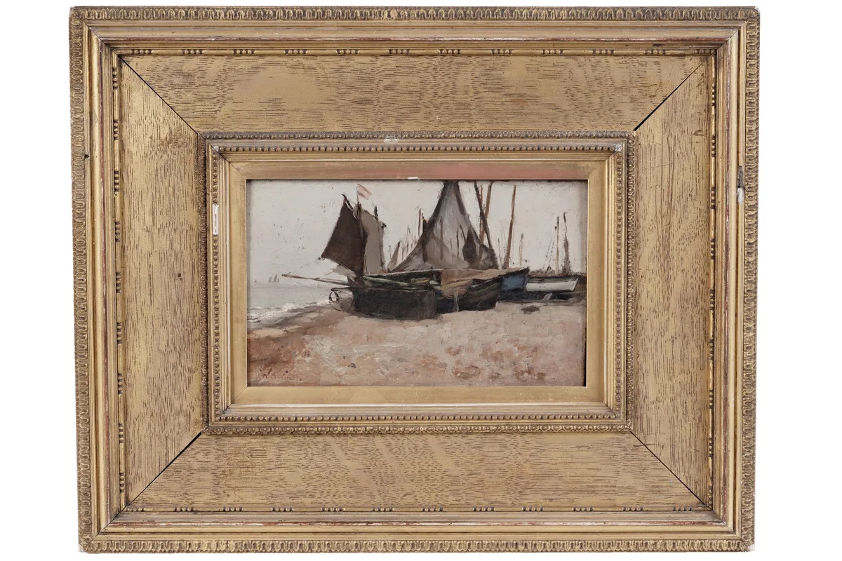 William Henry Watson, Sailboats on Sand, oil on panel