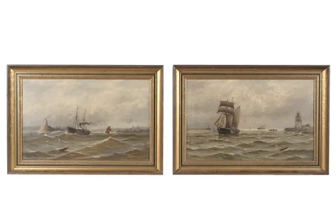 John Davison Liddell, Leaving the Tyne, and Entering the Tyne Past the Groyne, oil on canvas