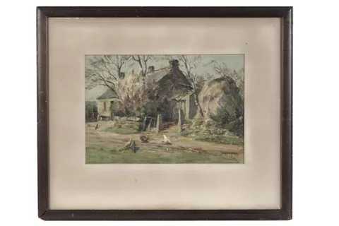 James Riddel, Farm Cottage and Hayrick, oil on board