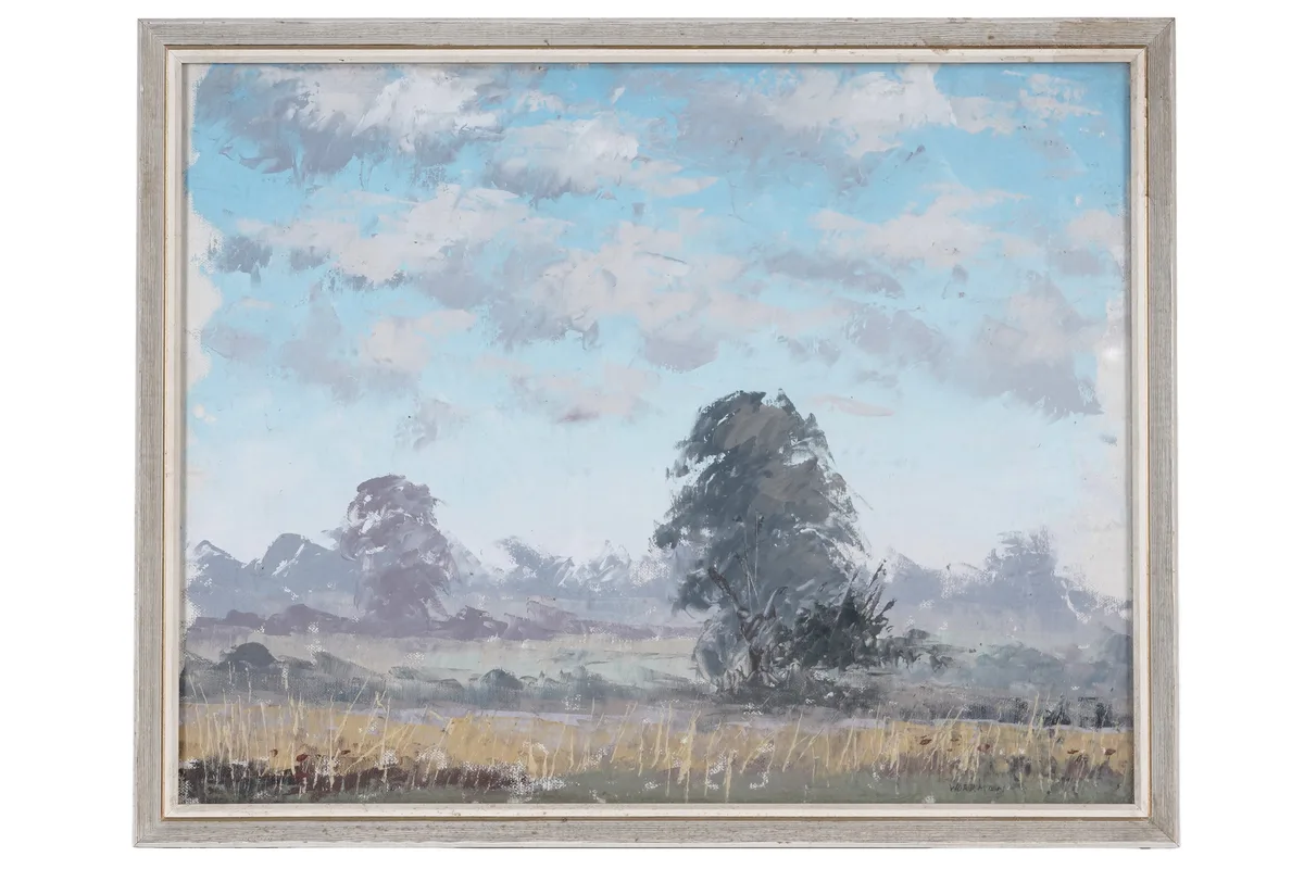 Harold Workman, Cornfields and Cloudy Skies, oil on canvas board