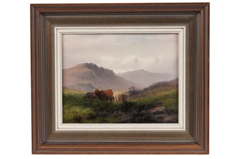 John Davison Liddell, Scottish Landscape with Highland Cows, oil on canvas