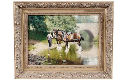 Tony Sheath, Shire horses being encouraged to drink, oil on canvas