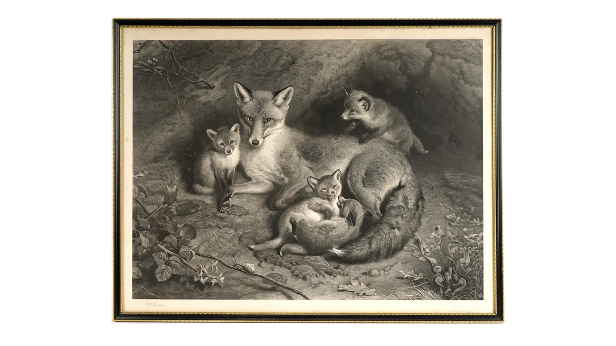 William Turner Davey, A Vixen Fox and Her Cubs, stipple engraving