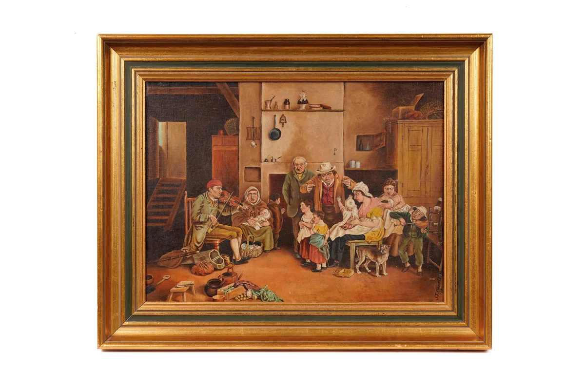 J. T. Charton, A Family Gathered in a Kitchen, oil on canvas